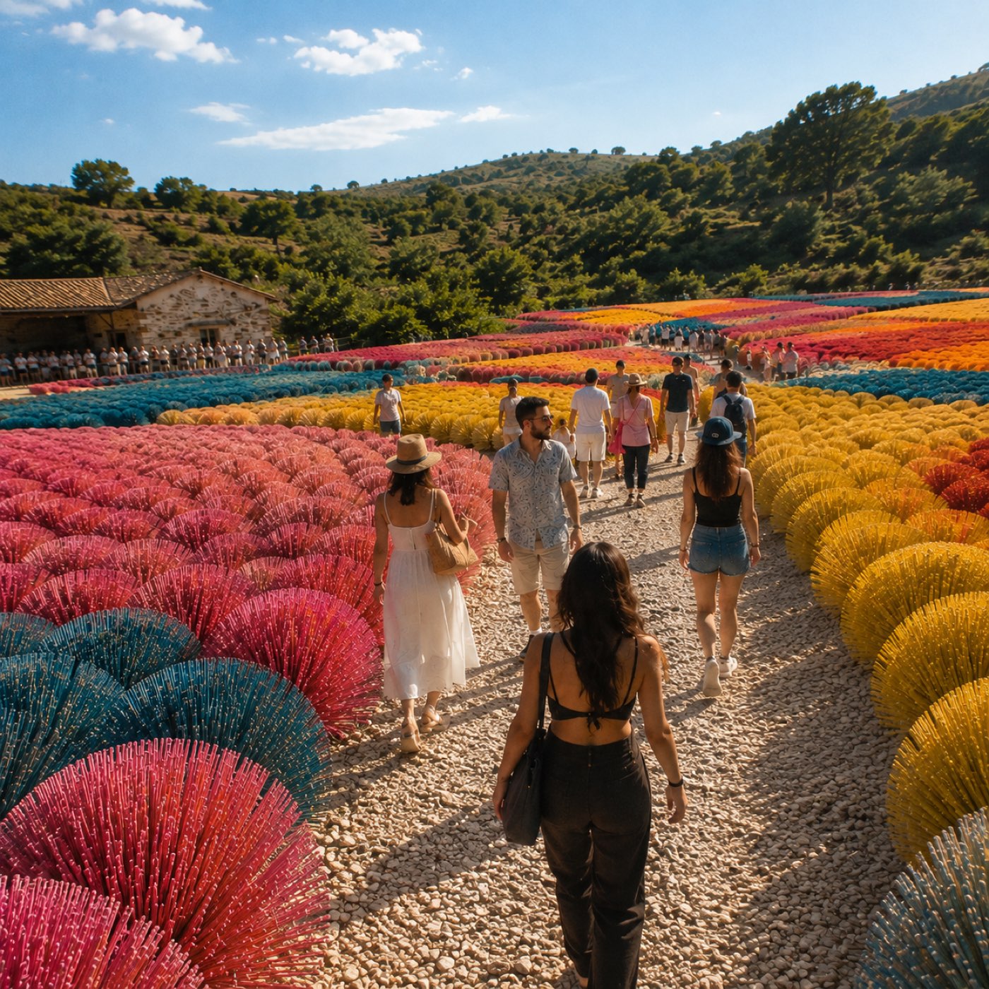 Persone camminano tra campi di fiori impossibili colorati